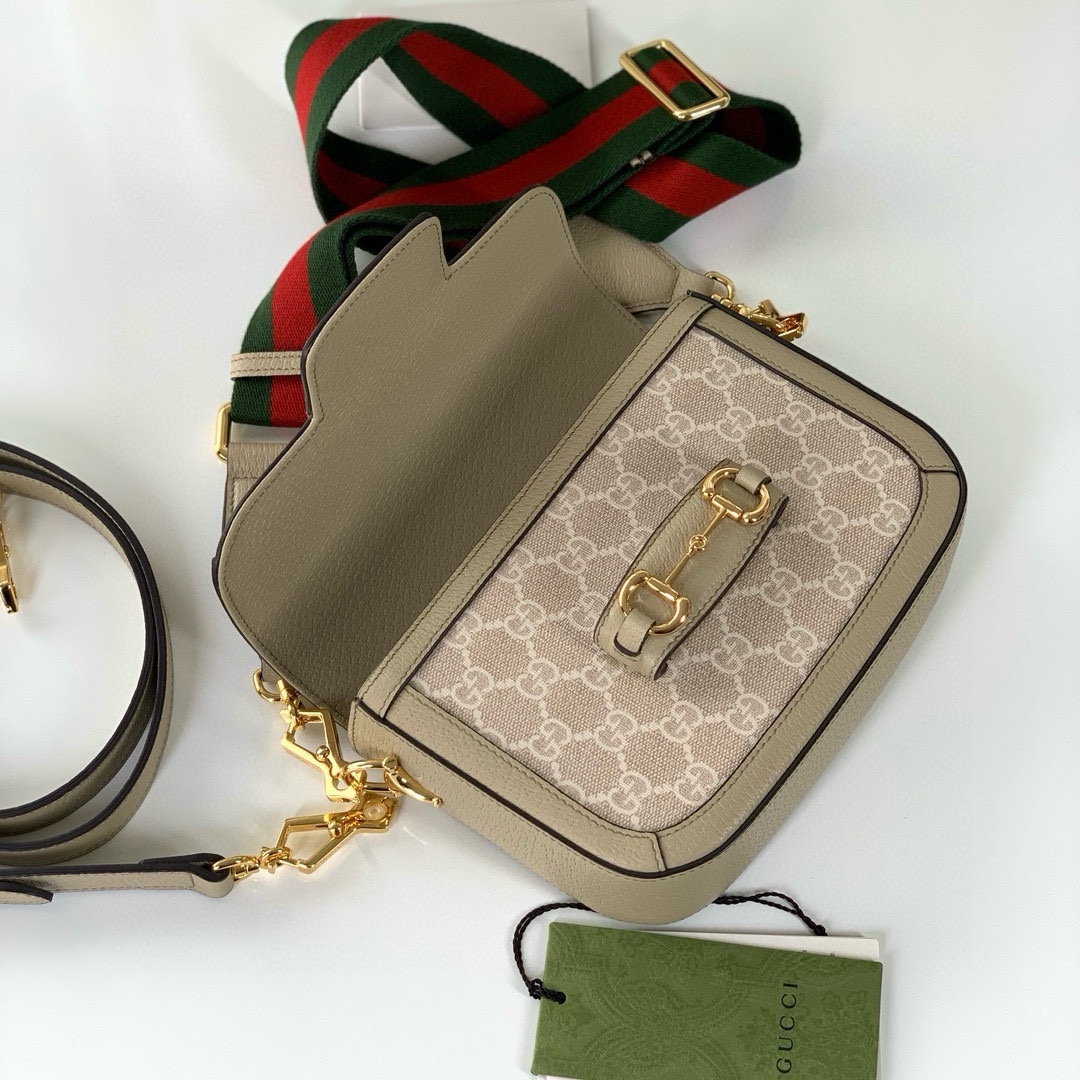 Gucci Horsebit 1955 Series Saddle Bag Mini Handbag Beige and White